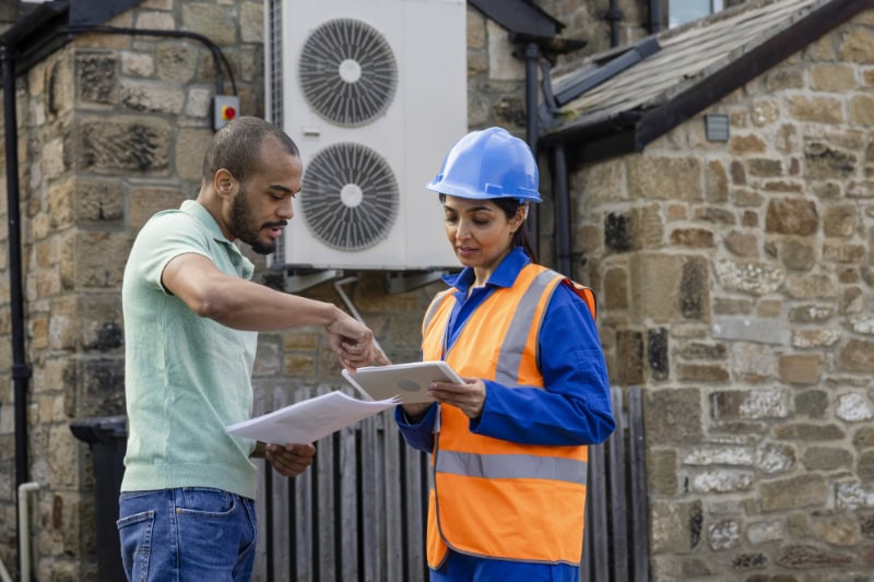 An air source heat pump on the side of a home being installed in the North East of England.