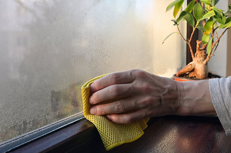 A person wiping down a window.
